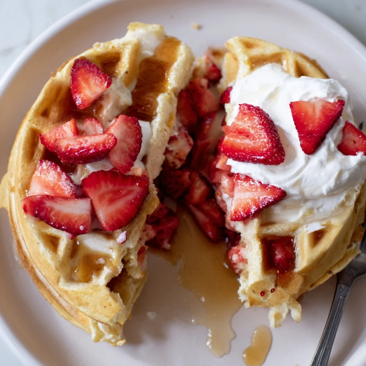 Strawberry Waffles Recipe: golden, crisp waffles studded with juicy strawberries and syrup