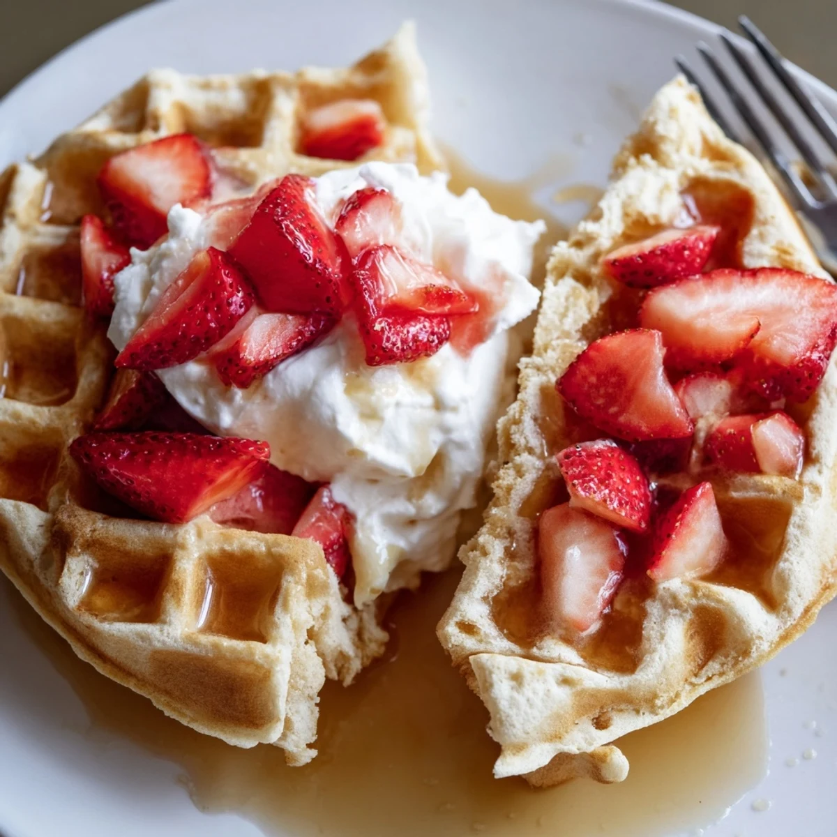Homestyle Strawberry Waffles Recipe served warm with whipped cream and maple syrup