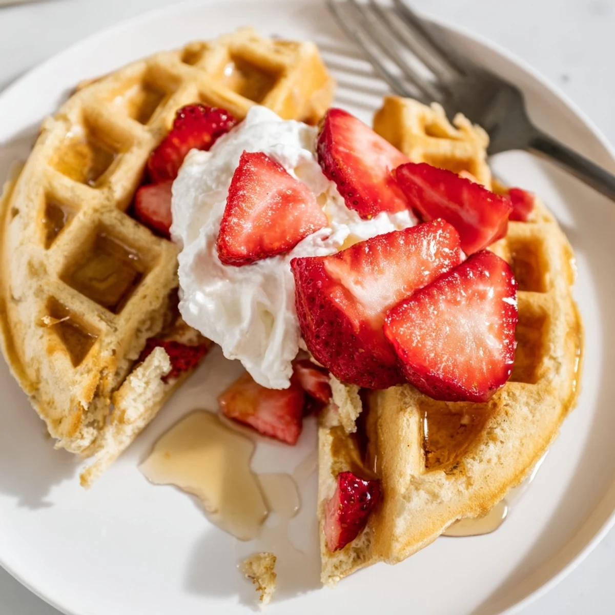 Quick Strawberry Waffles Recipe with batter folded around diced berries, cooked golden