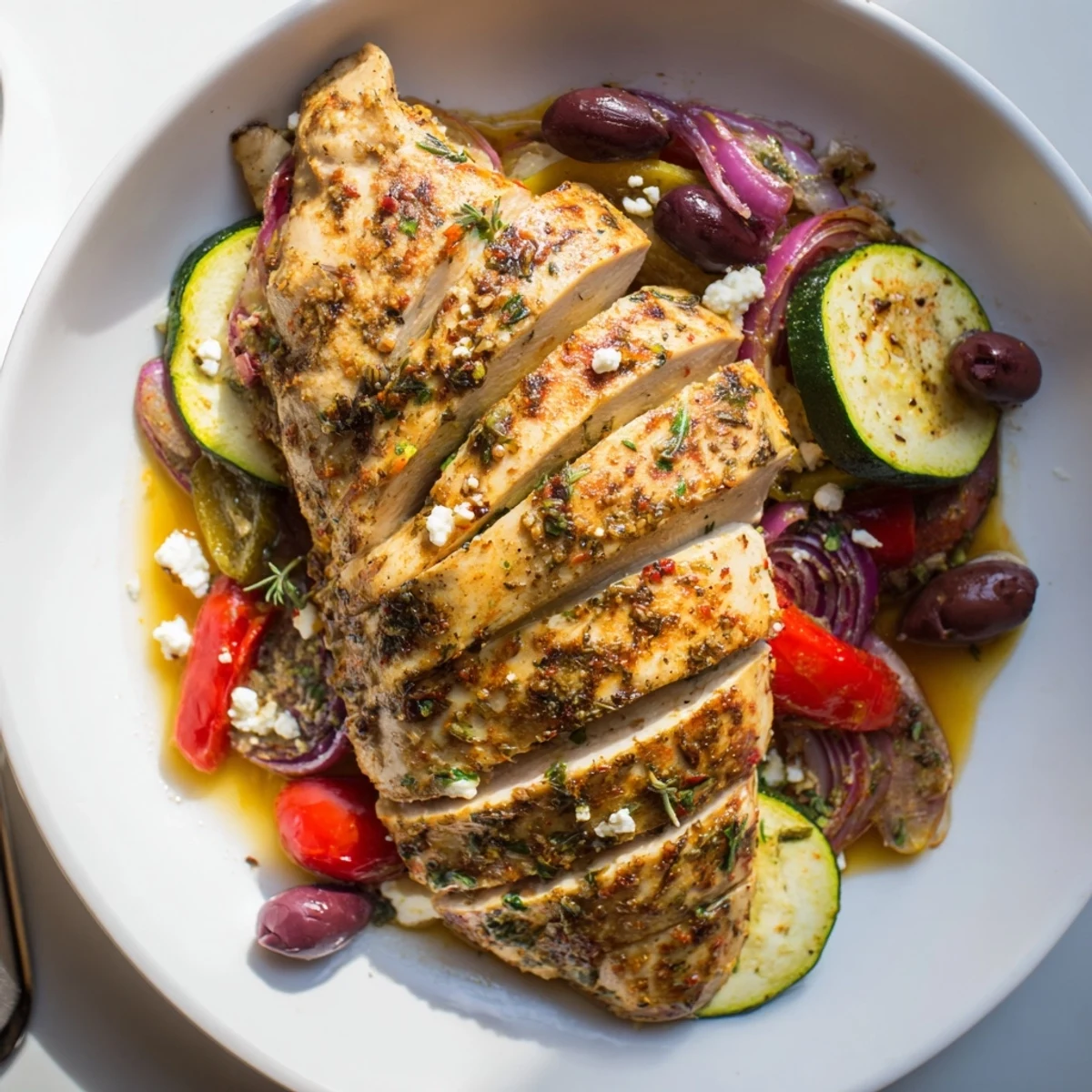 Roasted Sheet Pan Mediterranean Chicken Zucchini with blistered tomatoes, olives, and feta