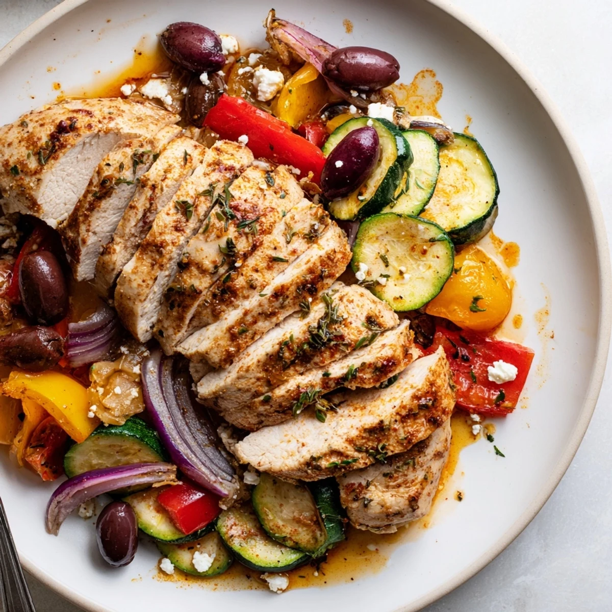 Sheet Pan Mediterranean Chicken Zucchini sizzling in lemon-garlic marinade, ready to serve