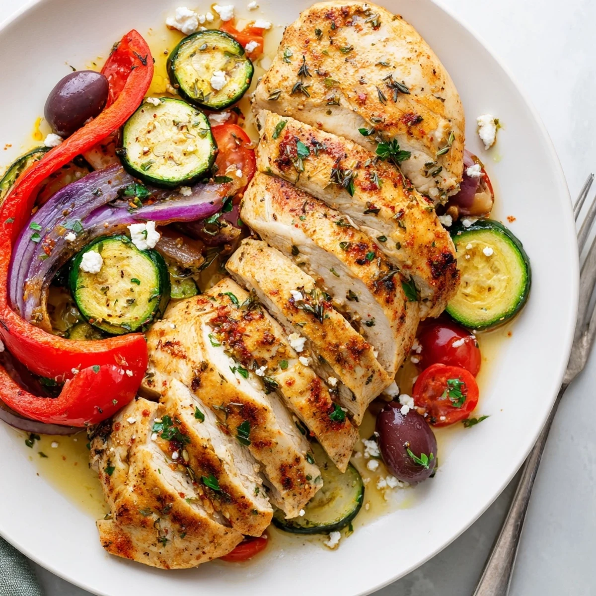Family-style Sheet Pan Mediterranean Chicken Zucchini topped with parsley, feta, and pan juices