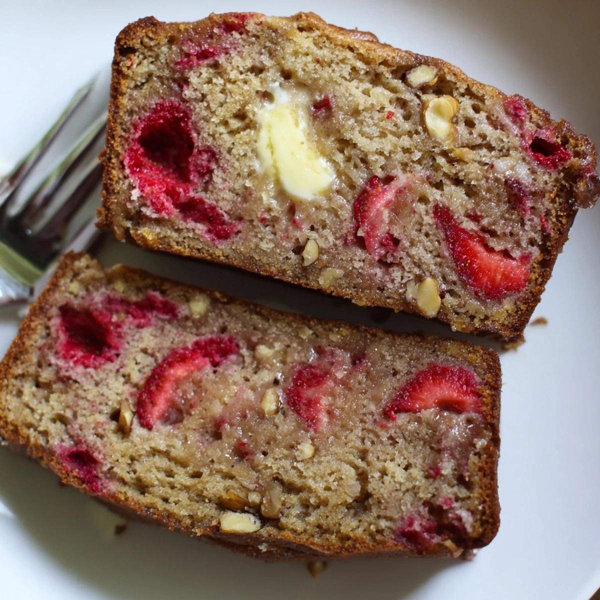Slice of Strawberry Banana Bread recipe with melting butter and tender crumb