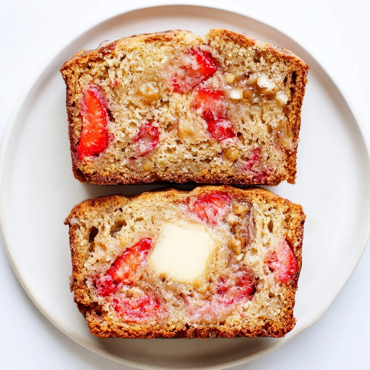 Homestyle Strawberry Banana Bread recipe loaf with golden crust, moist, berry-studded