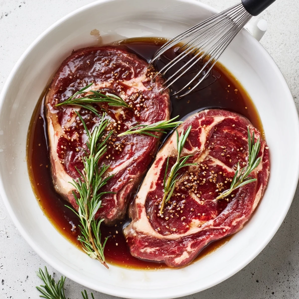 Jar of Steak Marinade with olive oil sheen, lemon brightness and peppery warmth