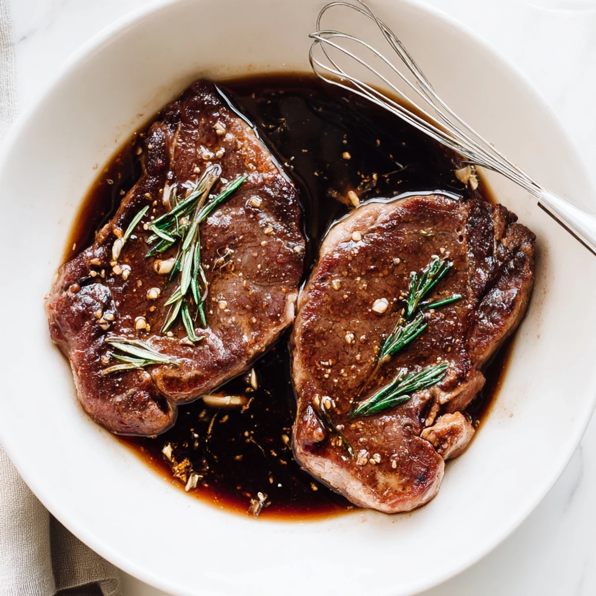 Steak Marinade glistening on raw steaks, garlic and rosemary aromas ready to grill