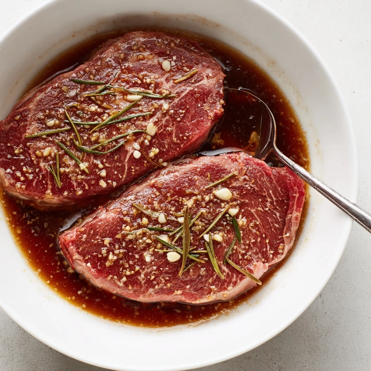 Steak Marinade coated sirloin resting beside grilled vegetables, smoky char and juicy promise