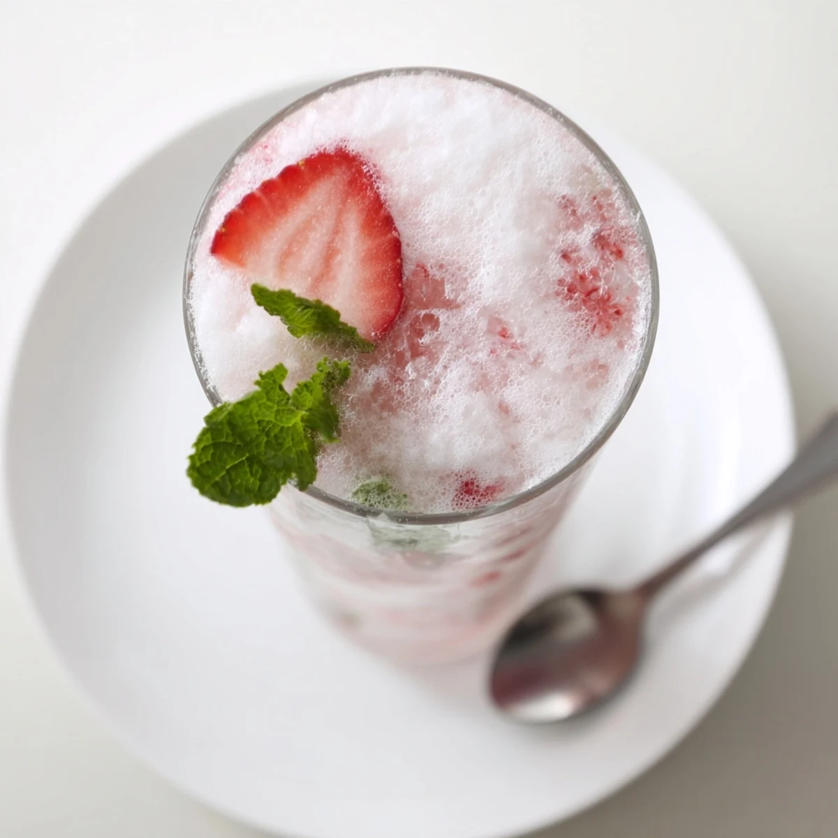 Bright pink Strawberry Coconut Cooler Recipe, creamy coconut milk froth and ice