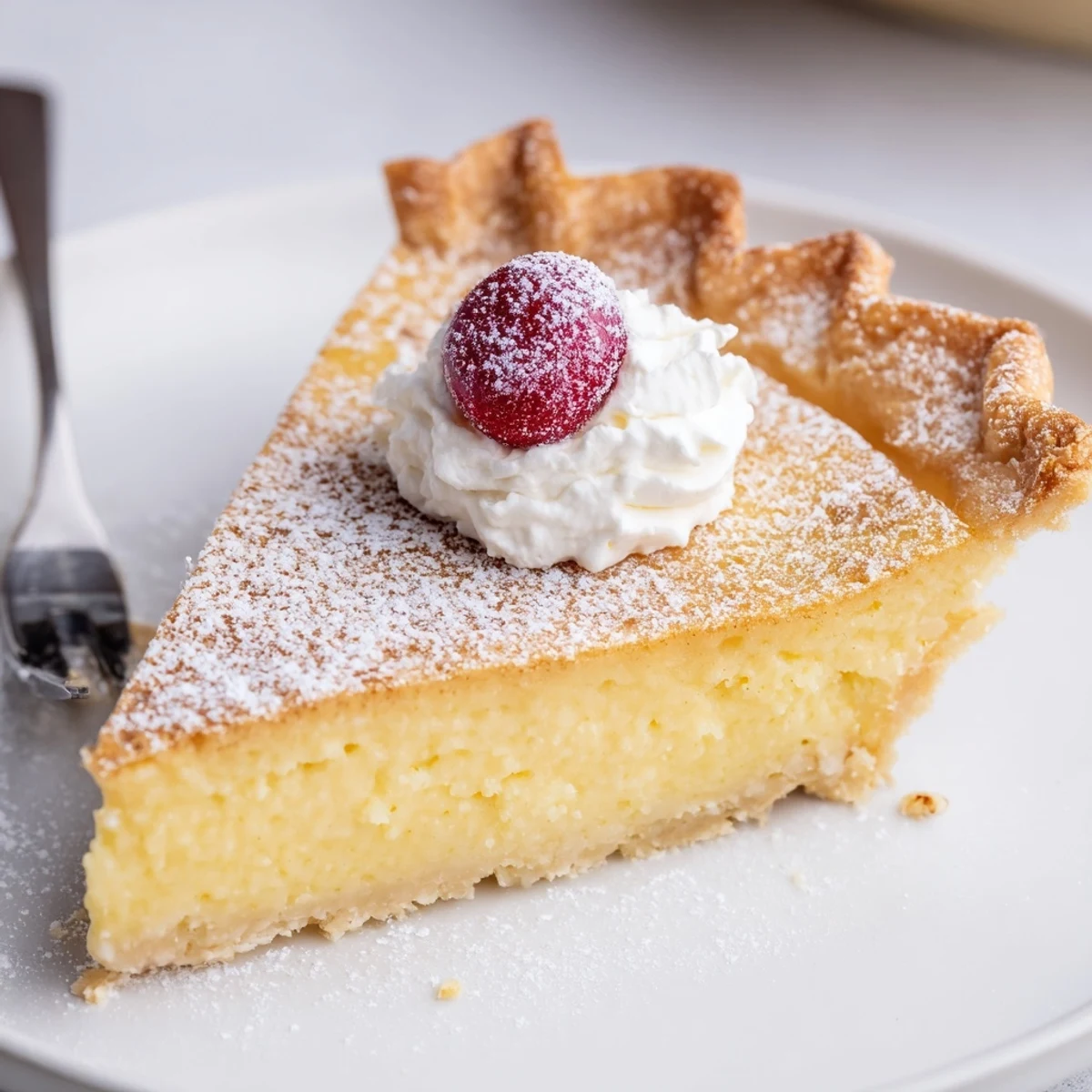 Christmas Eve Custard Pie With Cinnamon Vanilla, creamy golden slice dusted with powdered sugar.