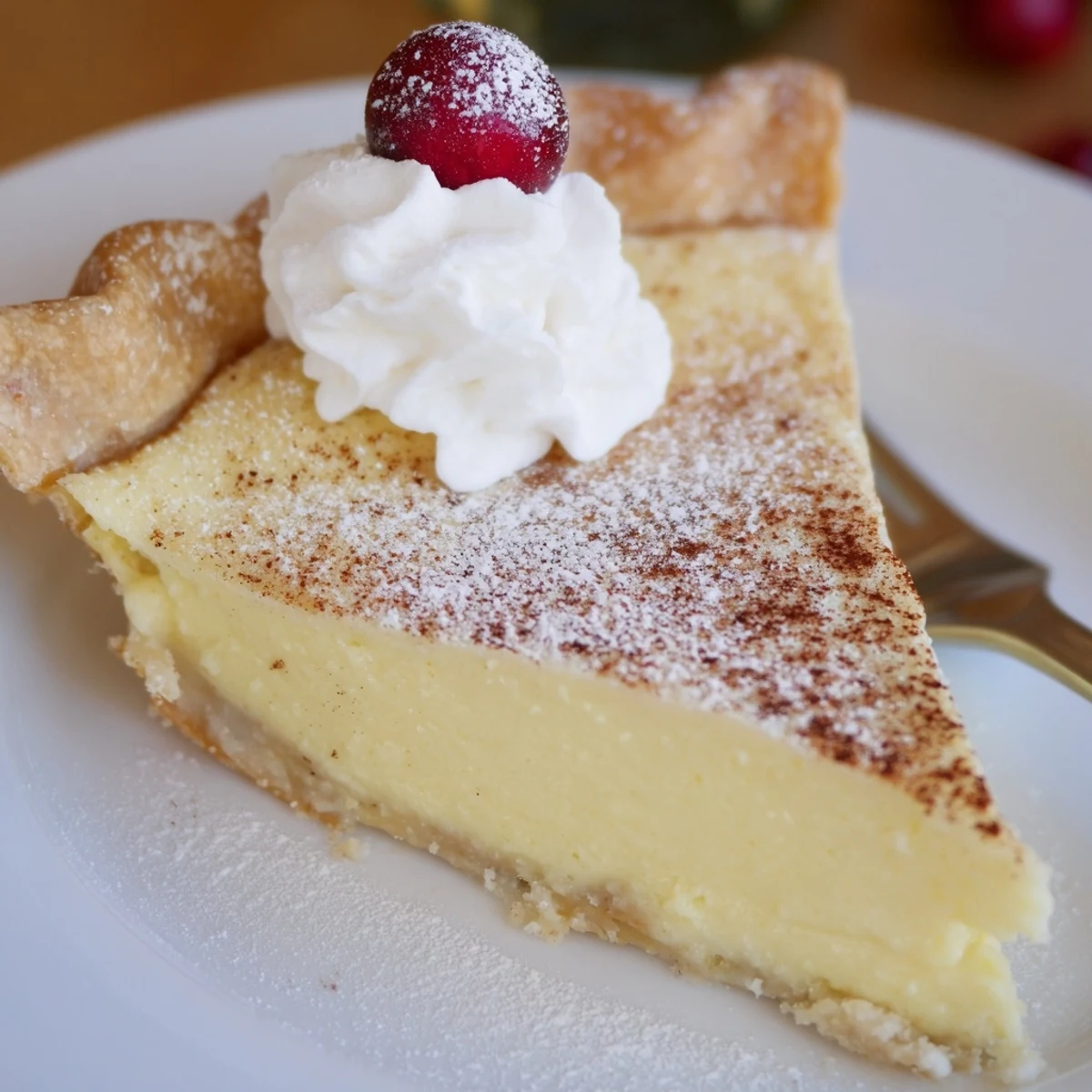 Close-up slice of Christmas Eve Custard Pie With Cinnamon Vanilla garnished with sugared cranberries.