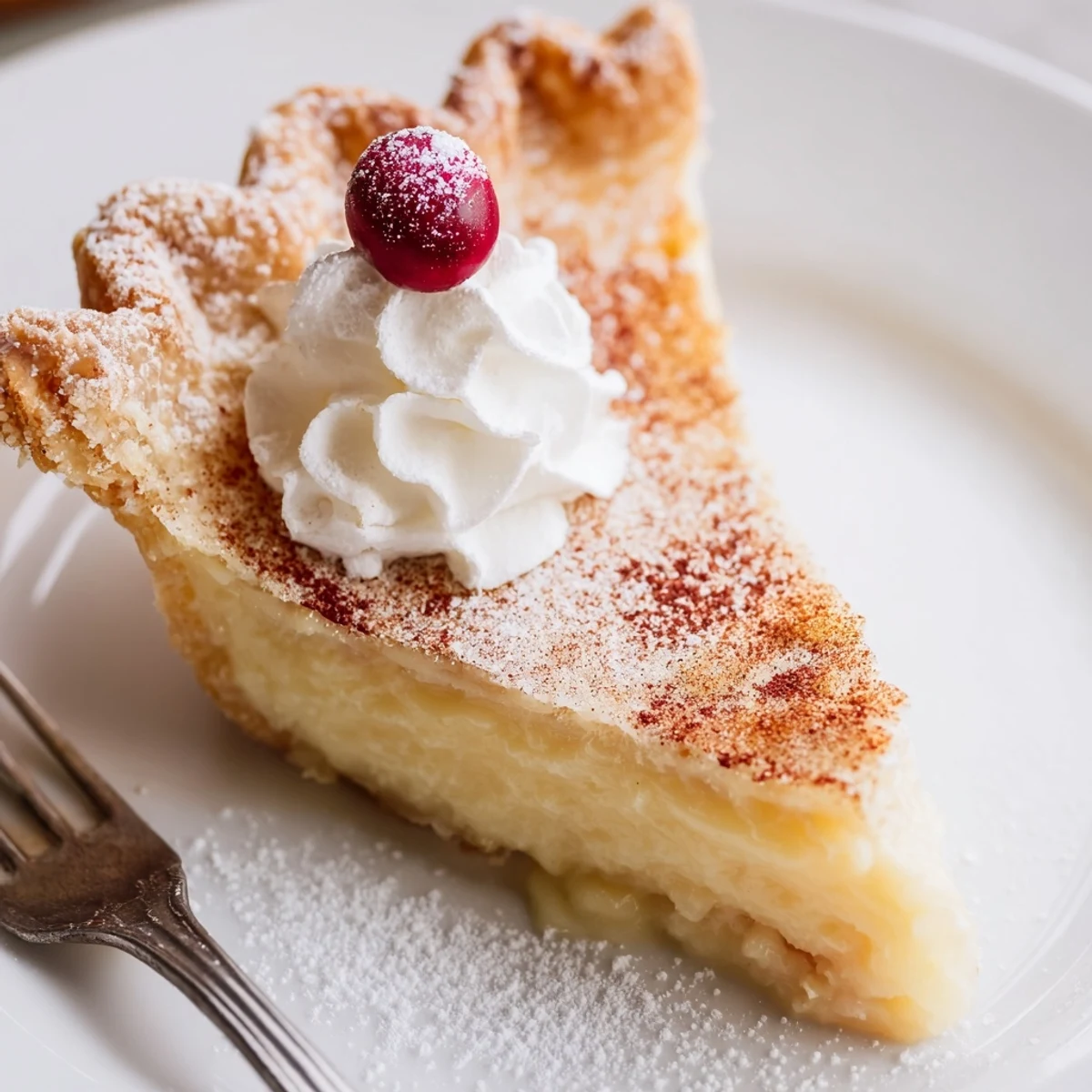 A creamy wedge of Christmas Eve Custard Pie With Cinnamon Vanilla cooling.