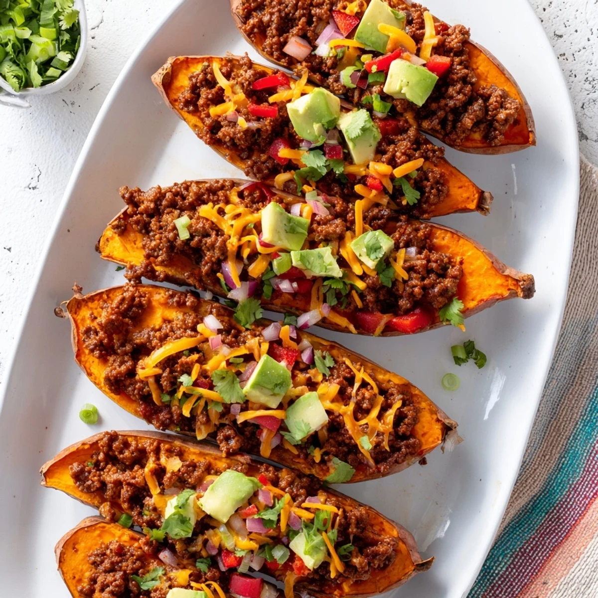Golden roasted sweet potato halves piled with spicy hot honey ground beef and garnished with fresh green onions and cilantro