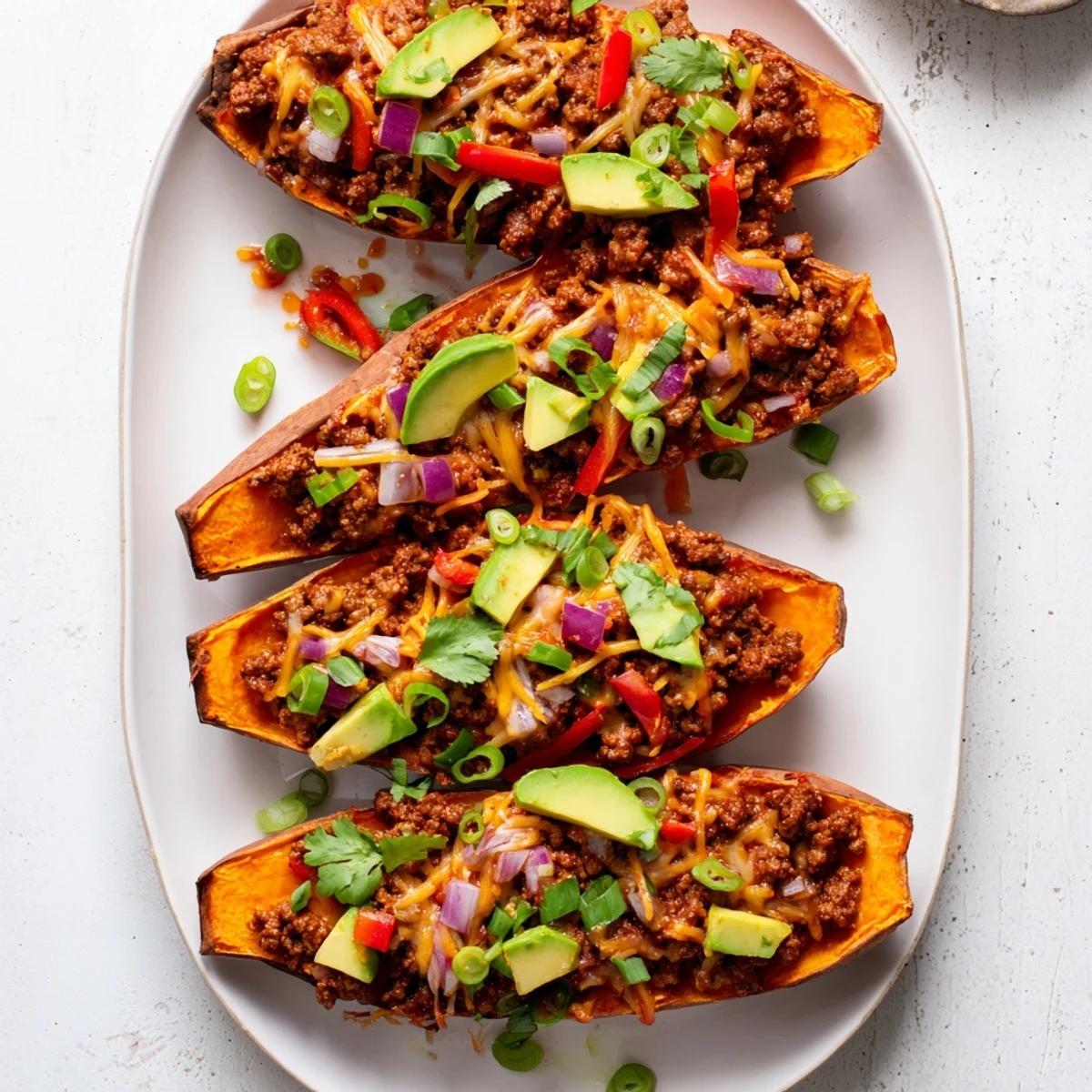 Wholesome baked sweet potato boats filled with savory seasoned ground beef mixture drizzled with sweet and spicy hot honey glaze