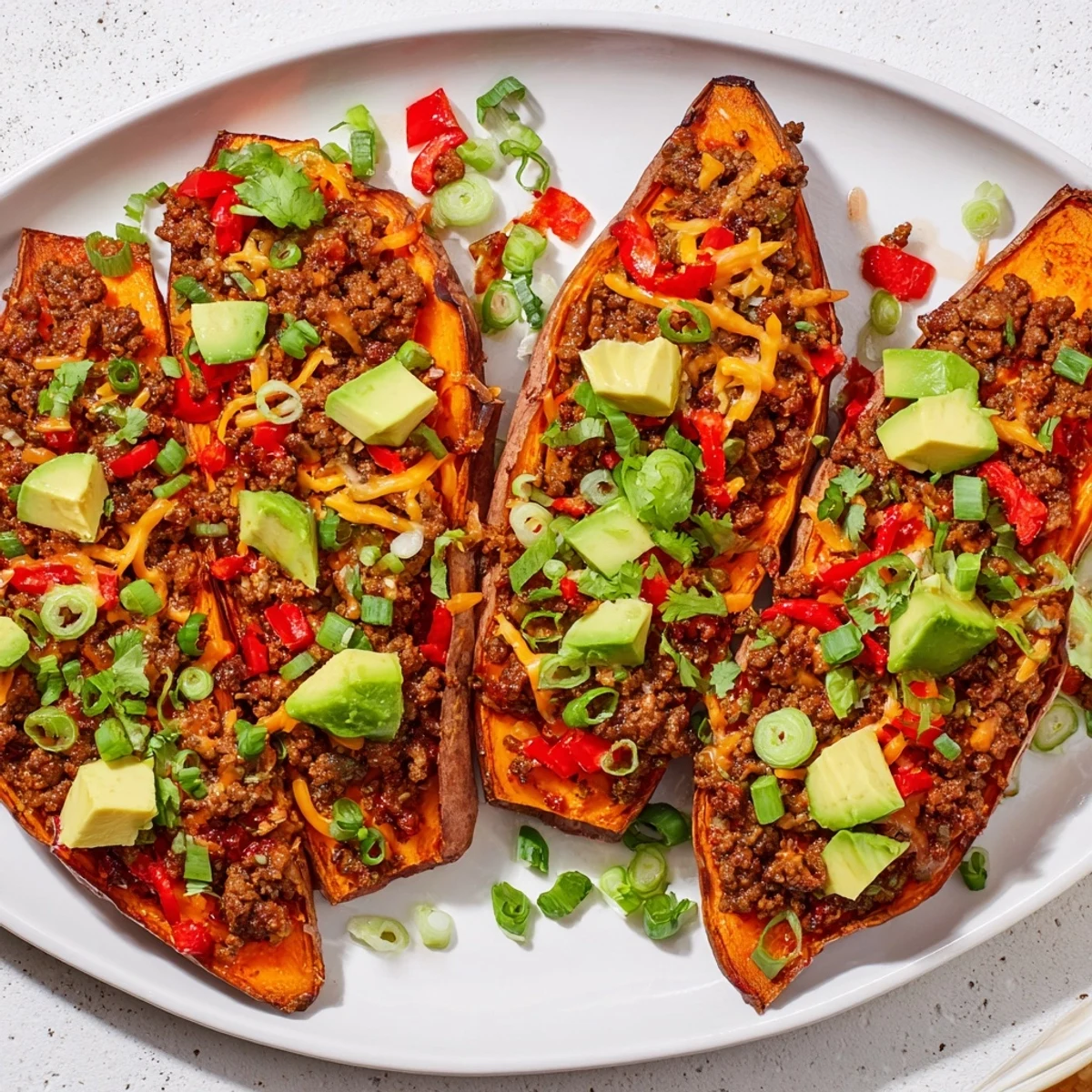 Rustic weeknight dinner featuring fluffy roasted sweet potatoes topped with cheesy hot honey beef and vibrant avocado slices