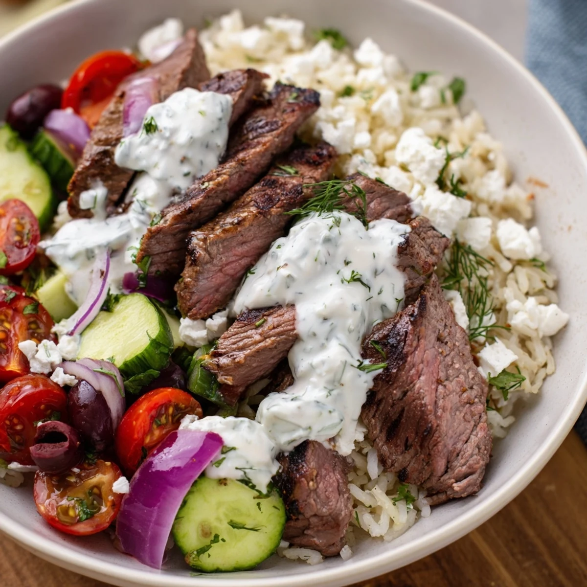 Colorful Mediterranean steak bowl with juicy grilled meat, crisp vegetables, and tangy yogurt sauce drizzled over herb rice