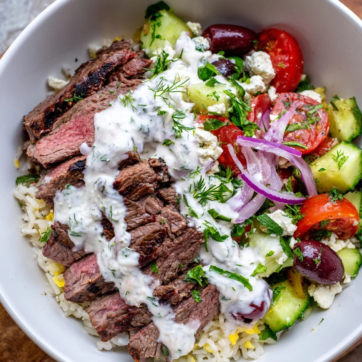 Sliced grilled steak served over lemon rice with fresh tomatoes, cucumbers, olives, and crumbled feta in a vibrant bowl