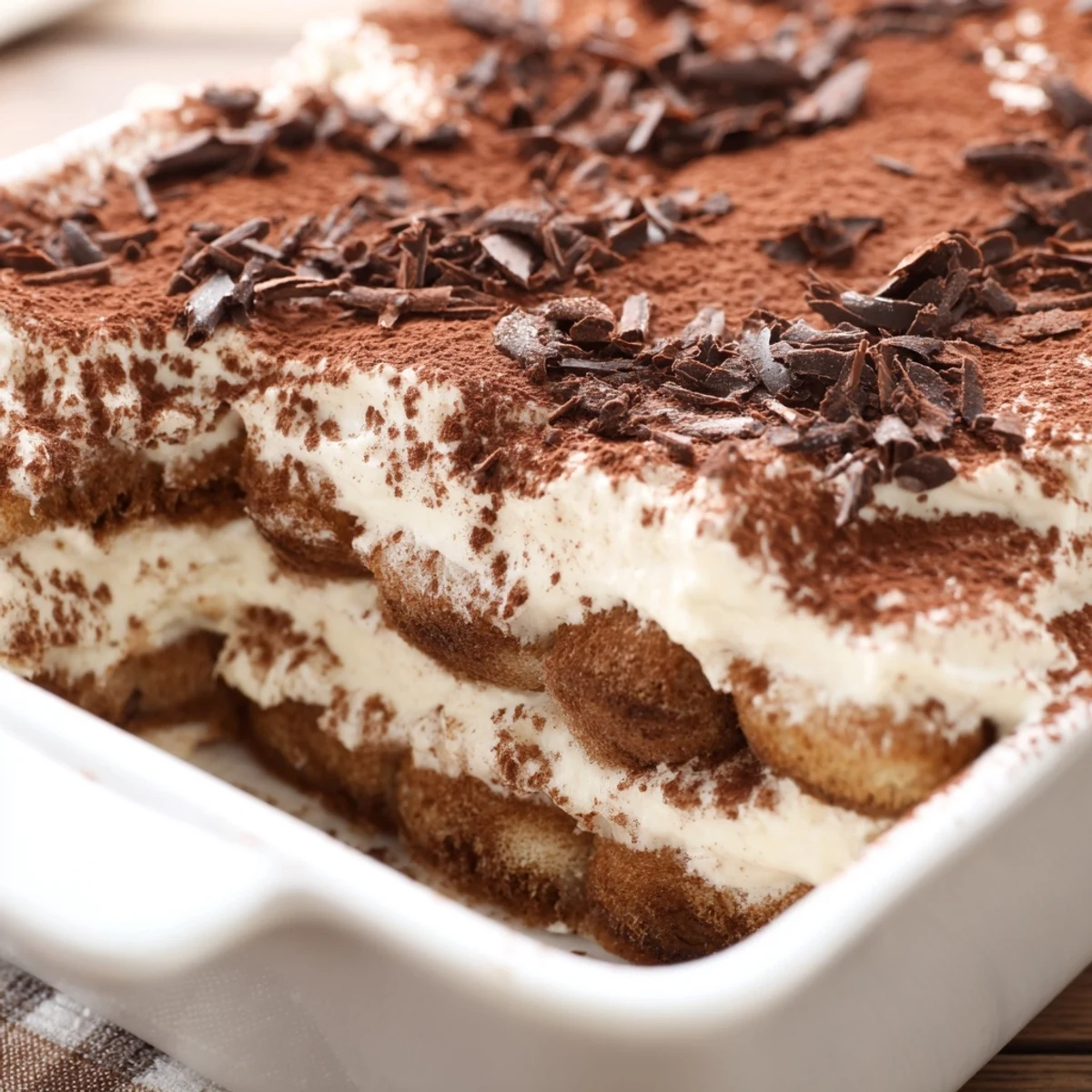 Classic tiramisu recipe showcasing layered espresso-soaked ladyfingers beneath creamy mascarpone frosting dusted with cocoa