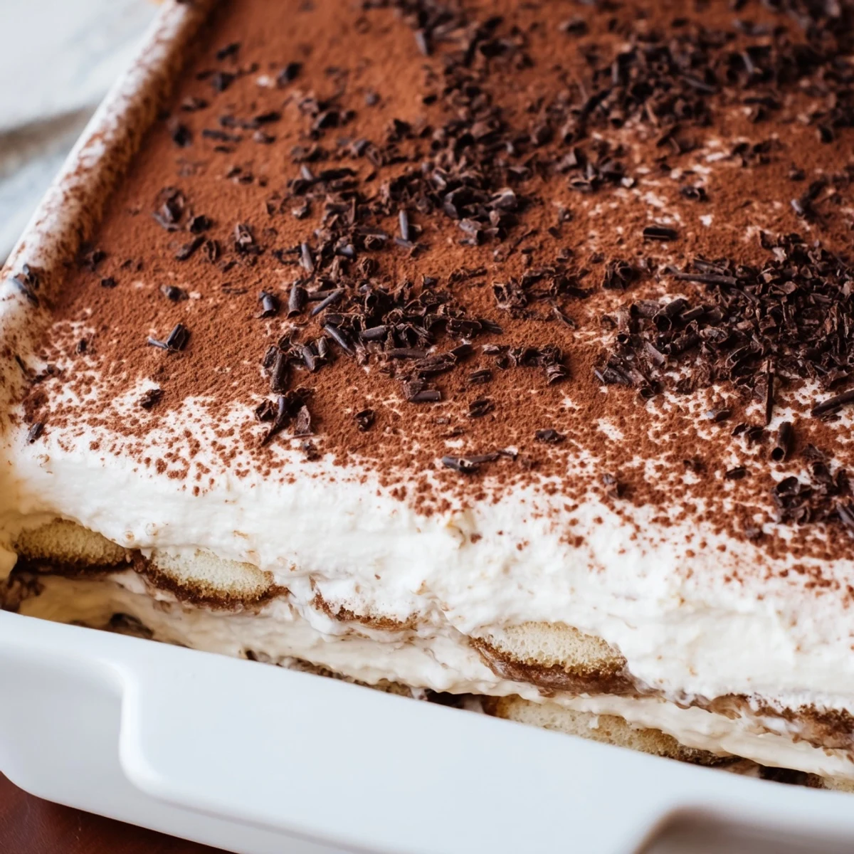 Homemade tiramisu recipe with coffee-dipped ladyfingers stacked between rich mascarpone cream and chocolate shavings