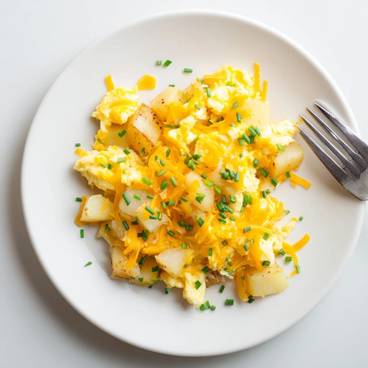 Golden cheesy potato egg scramble with melted cheddar and tender potatoes in a skillet