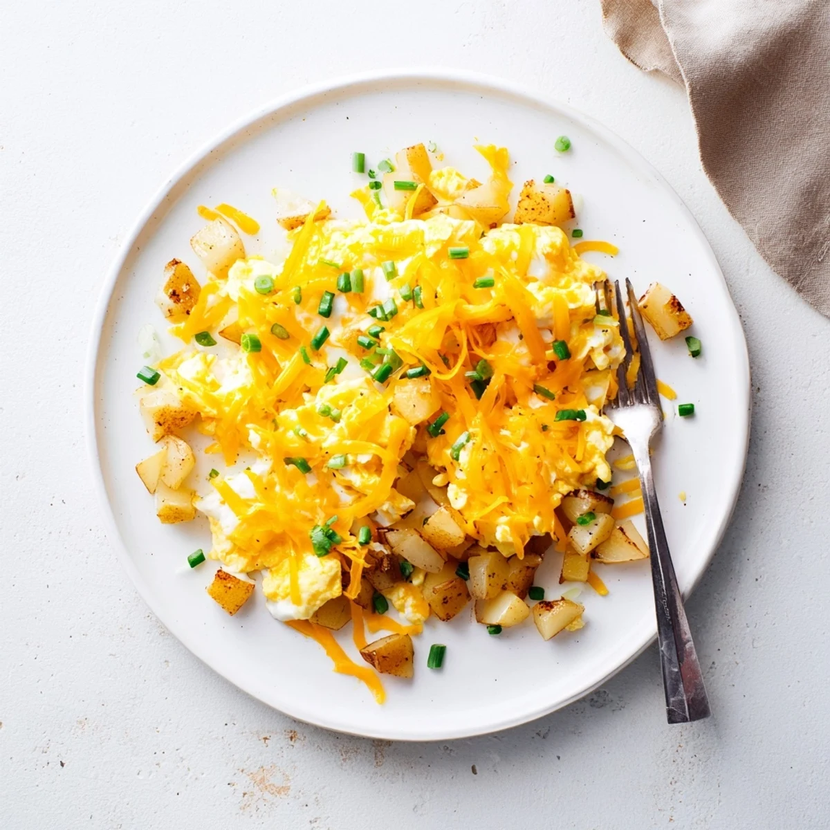 Fluffy scrambled eggs folded with golden potatoes and melted cheddar cheese on a white plate