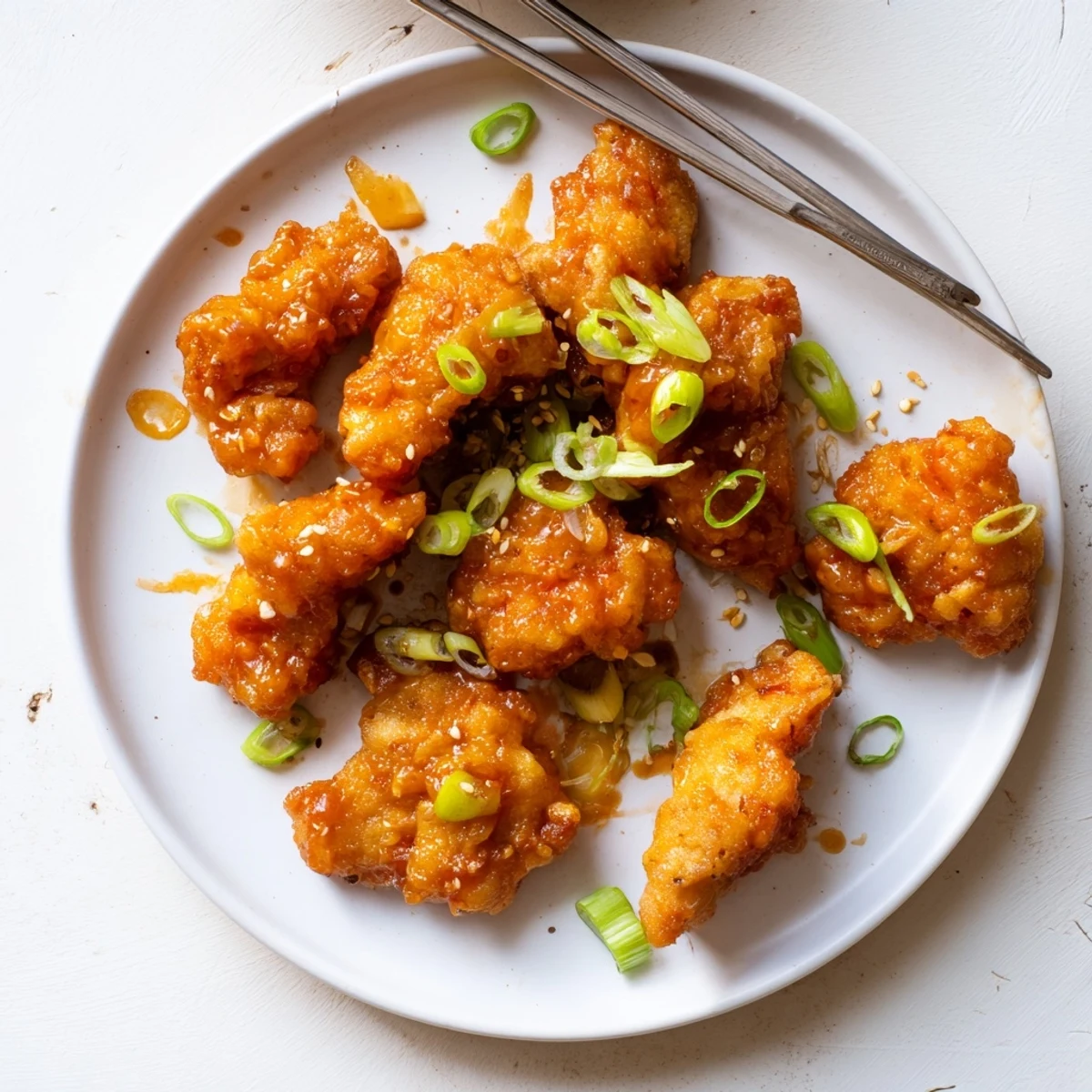 Golden crispy orange chicken glazed in sweet tangy sauce with sesame seeds and green onions