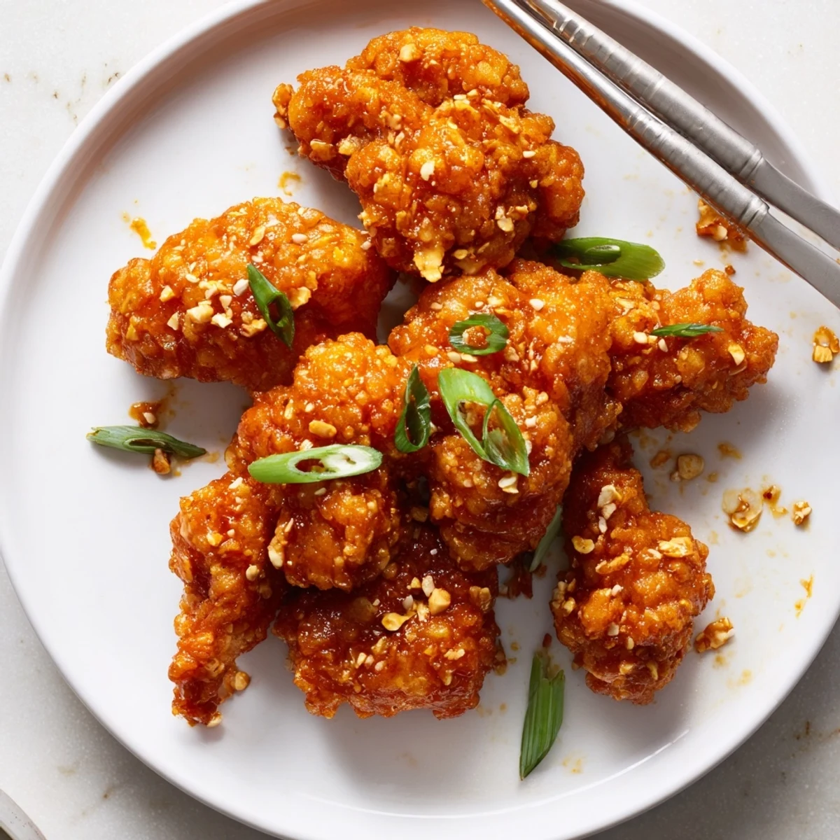 Crispy fried chicken pieces coated in glossy citrus orange sauce served over white rice