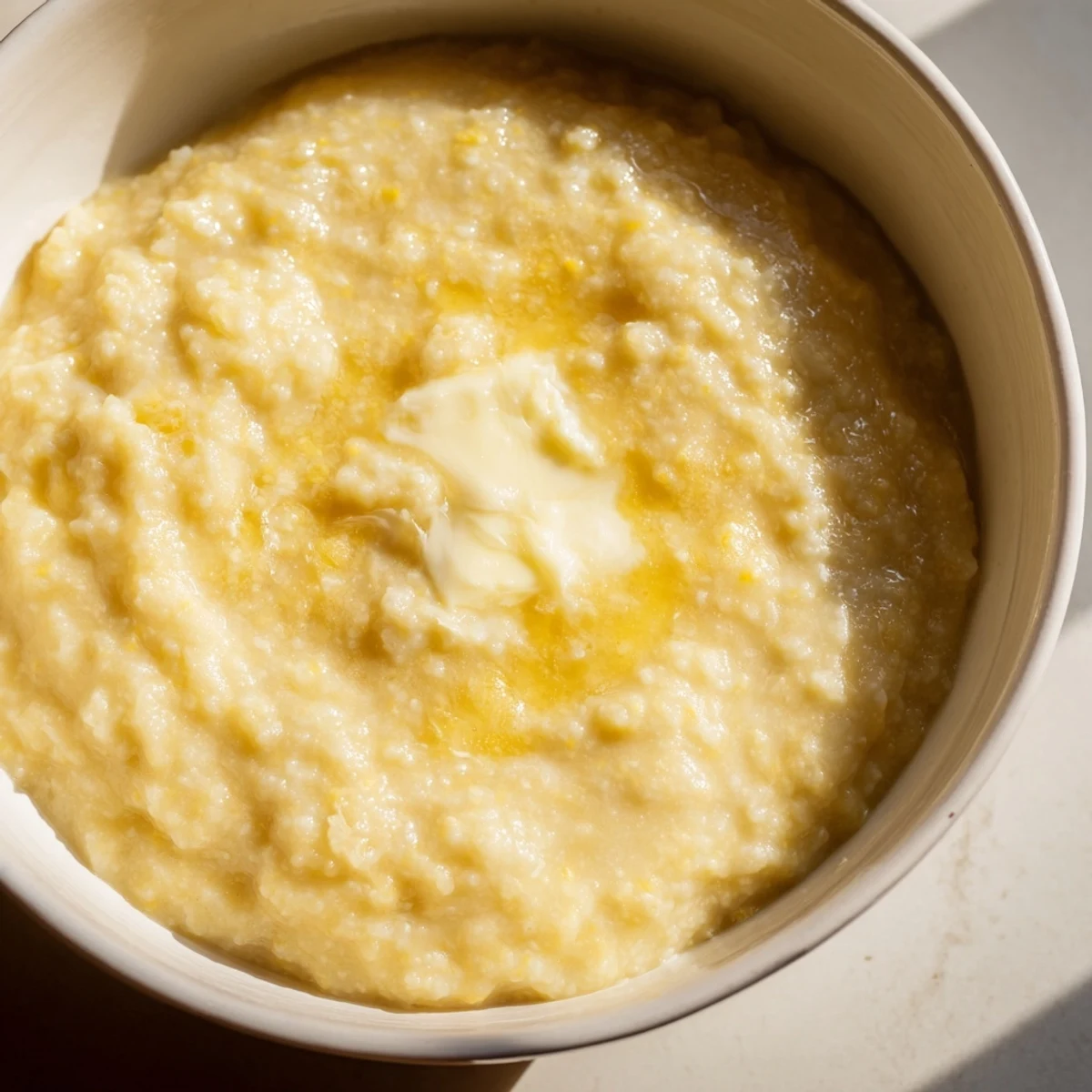 Creamy maize porridge bowl topped with golden butter and honey drizzle