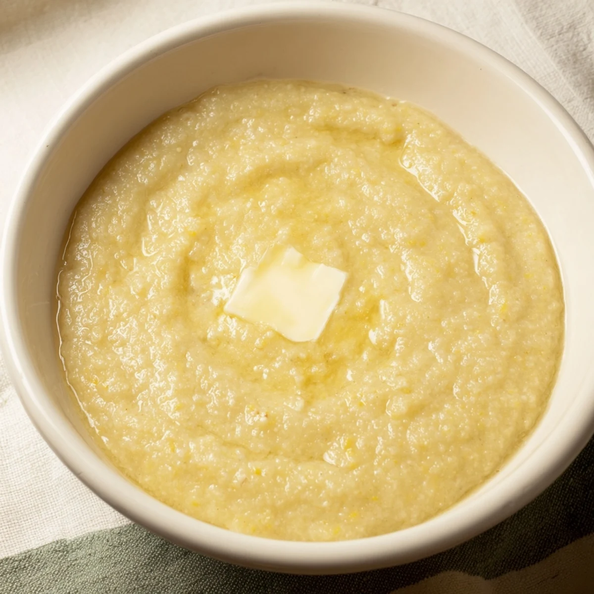 Smooth golden maize porridge in a white ceramic bowl with wooden spoon