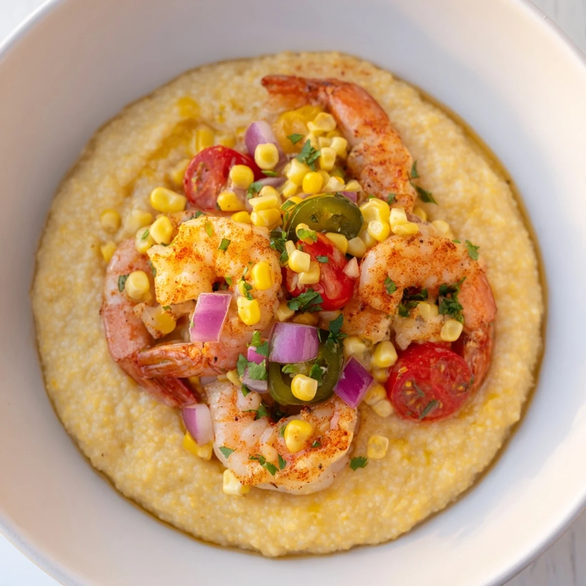 Creamy shrimp grits bowl topped with spicy corn salsa and fresh cilantro garnish