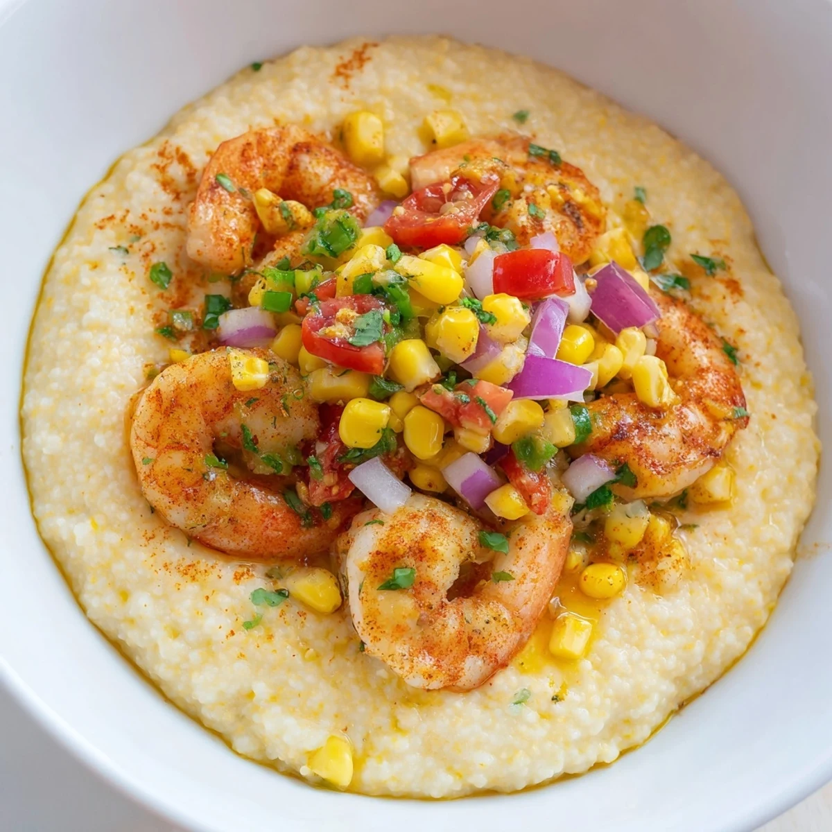 Southern-style shrimp and grits plated with zesty corn salsa and juicy sautéed shrimp