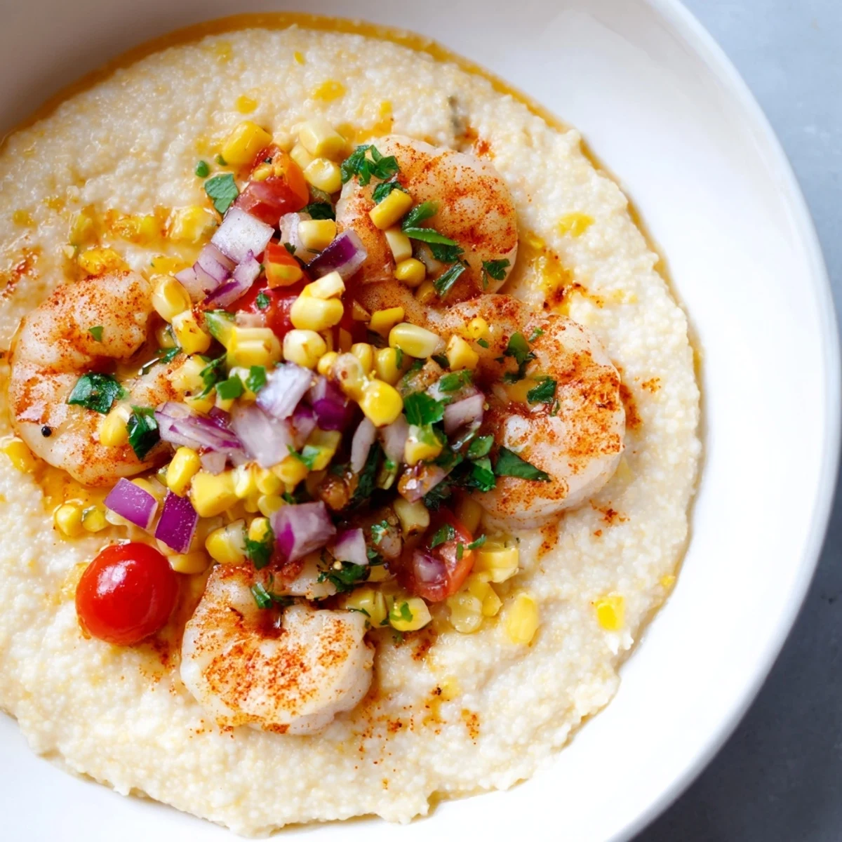 Golden cheddar grits serving plate with lemon-seasoned shrimp and colorful corn salsa topping