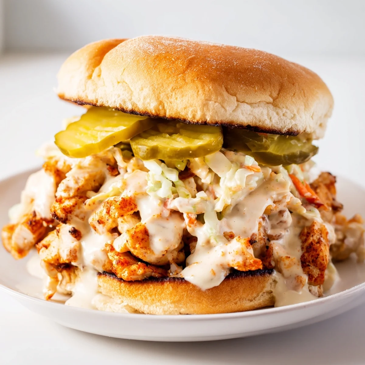 Grilled chicken tossed in tangy Alabama white BBQ sauce piled onto a soft sandwich bun