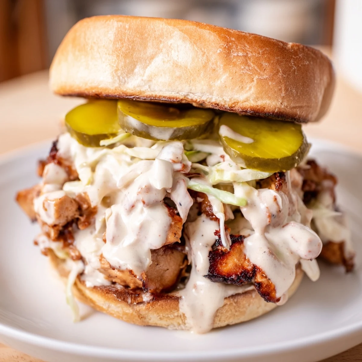 Alabama BBQ Chicken Chopped Sandwich featuring creamy white sauce and crisp coleslaw on toasted bun