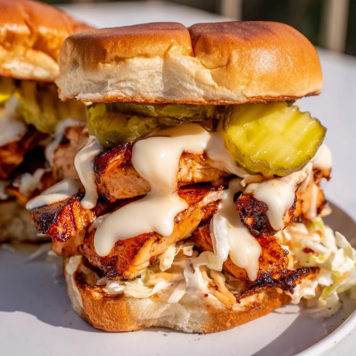 Southern-style chopped BBQ chicken sandwich with creamy white sauce, coleslaw, and pickles on a bun