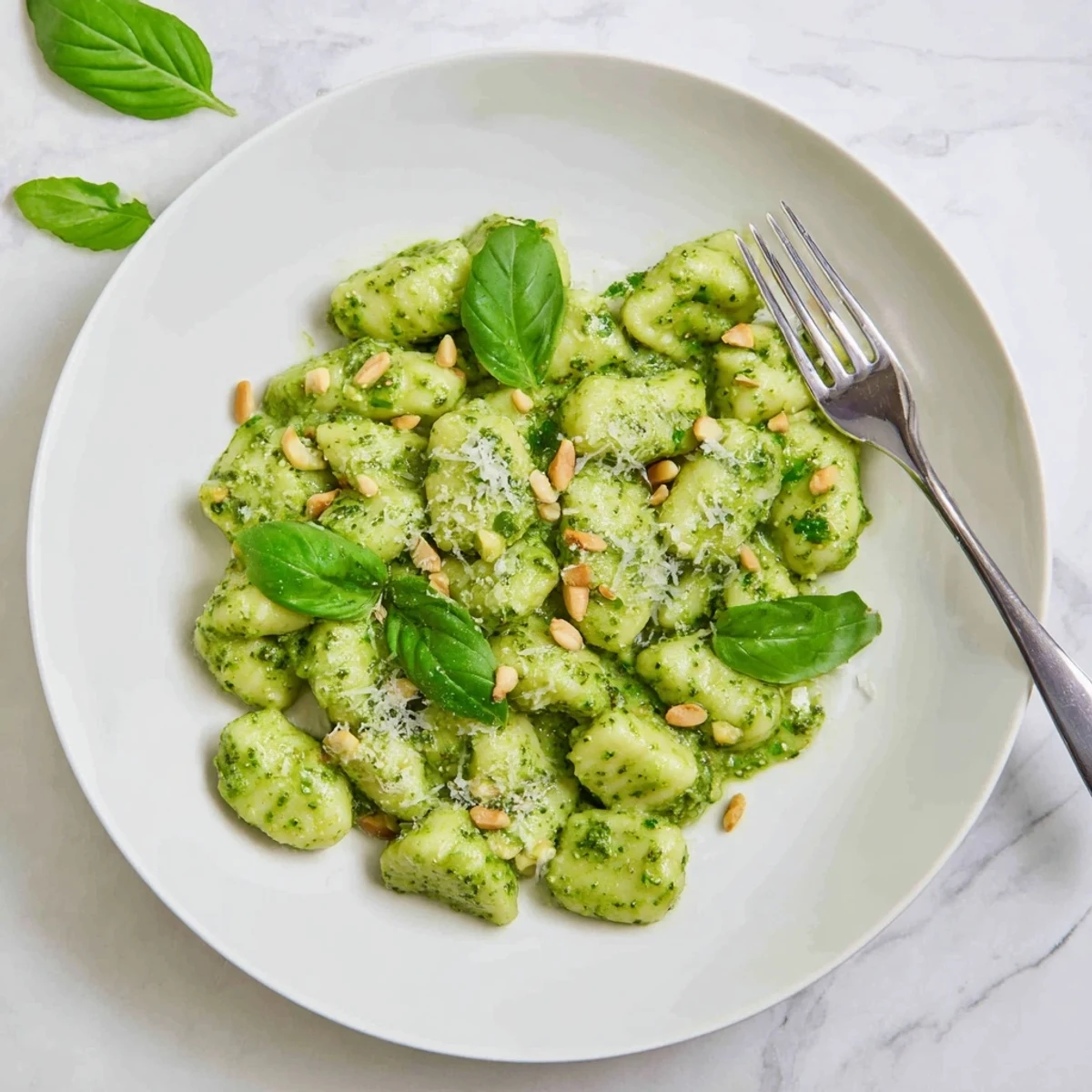 Golden potato gnocchi coated in vibrant green basil pesto sauce with grated Parmesan