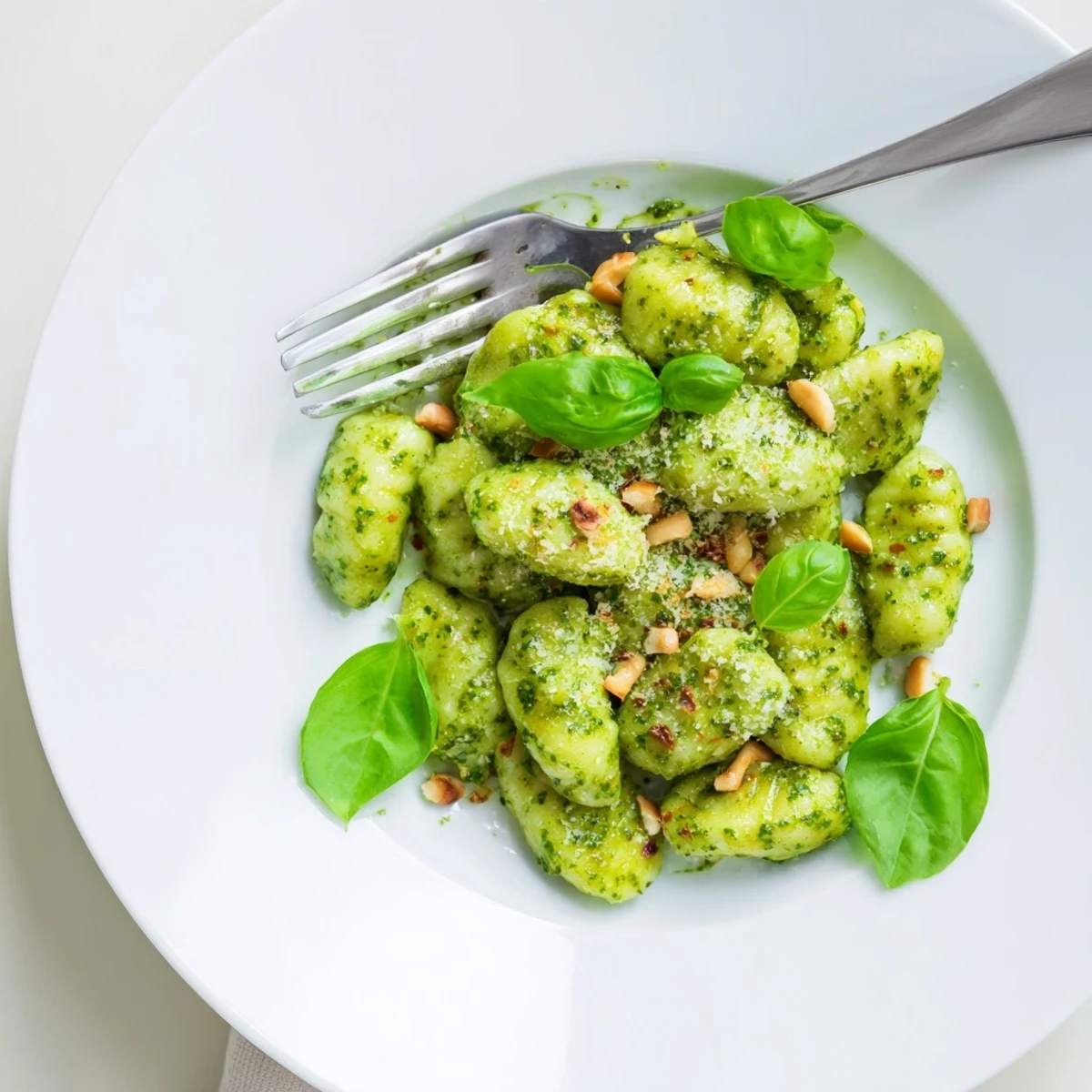 Plate of pesto gnocchi featuring creamy Italian sauce and extra pine nut sprinkles