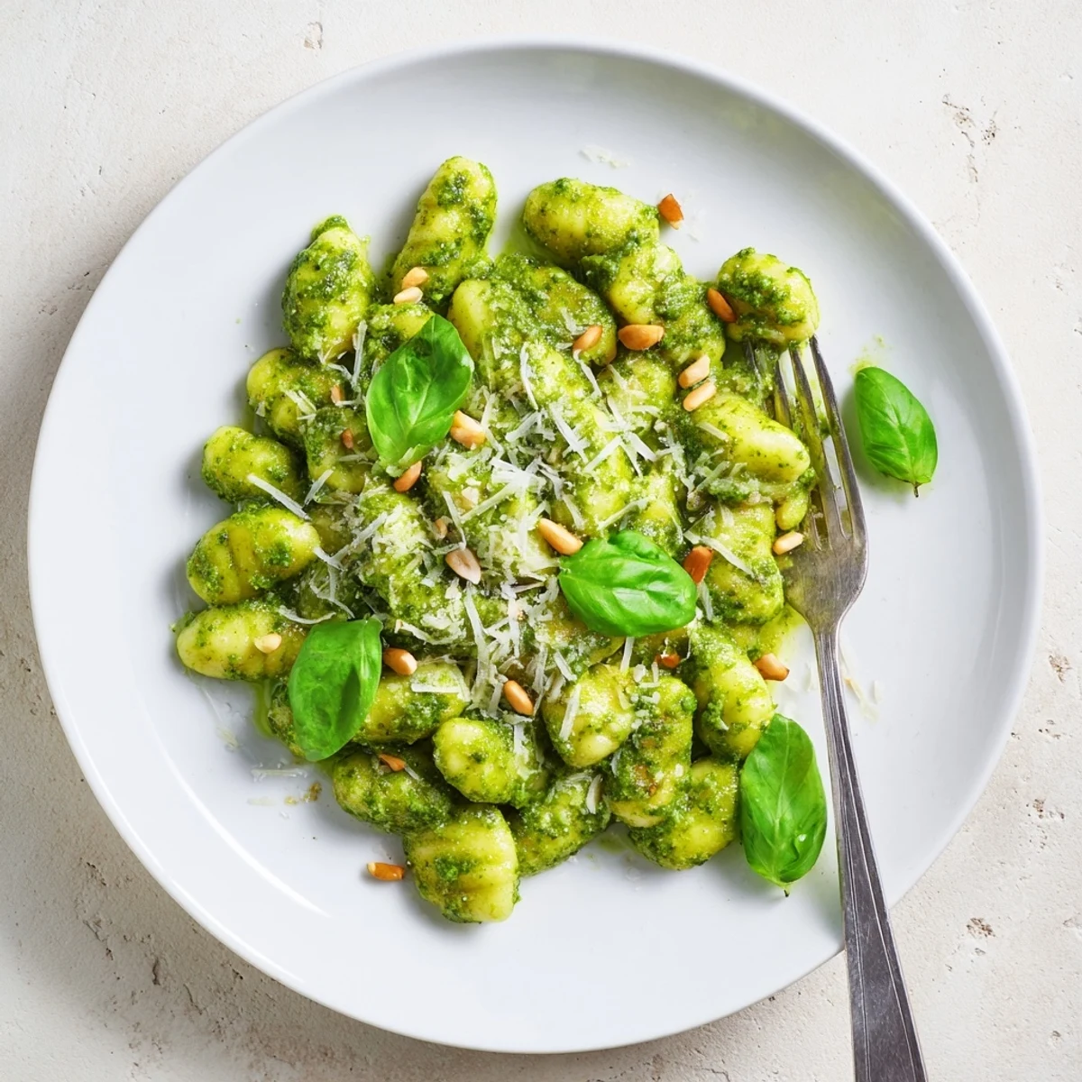 Soft pillowy gnocchi tossed with fresh homemade pesto garnished with basil leaves