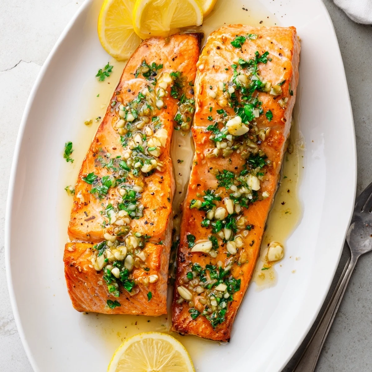 Golden pan seared salmon fillets with crispy skin topped with garlic butter sauce