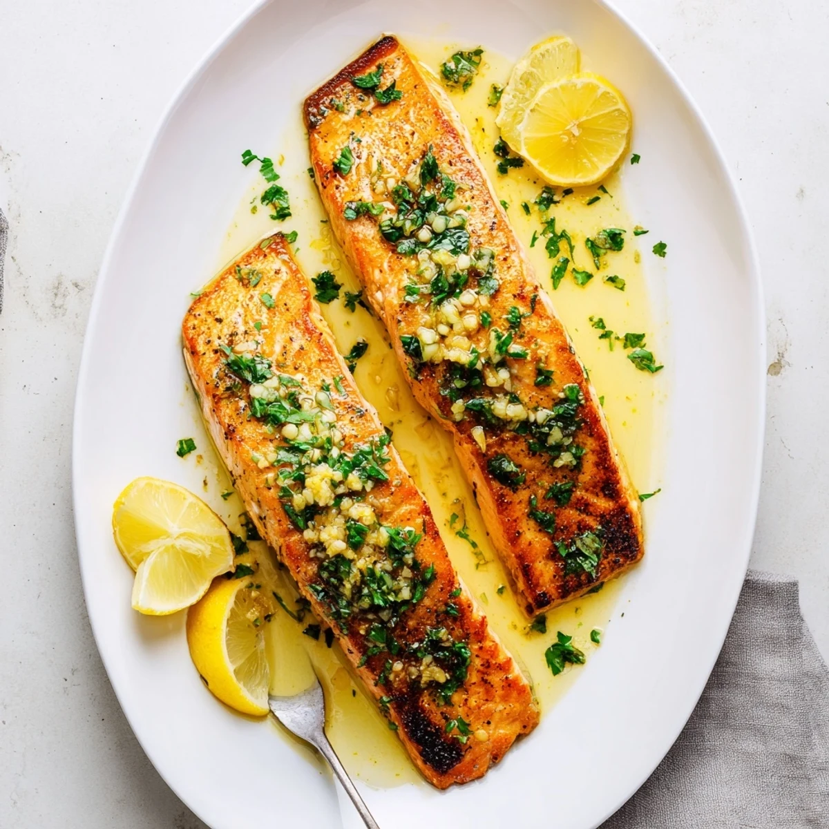 Moist salmon fillets seared to perfection in skillet with rich garlic parsley butter
