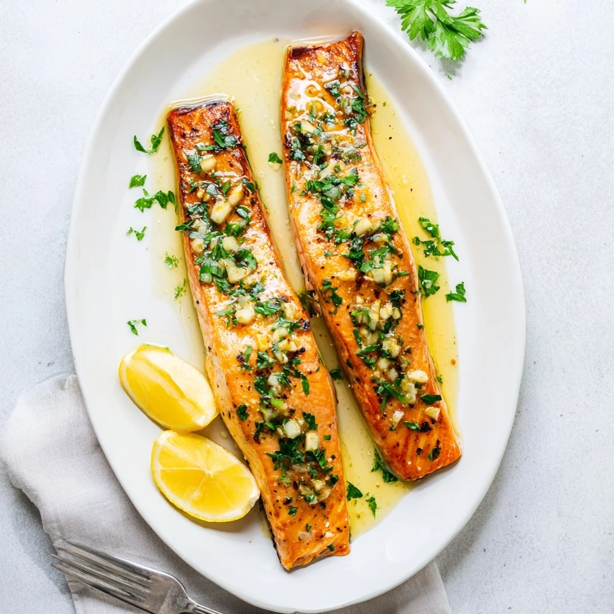 Restaurant-style pan seared salmon drizzled with melted garlic butter and fresh parsley garnish