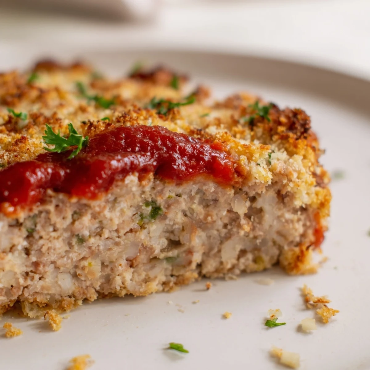 Baked Parmesan crusted turkey meatloaf with crispy cheesy topping and ketchup glaze on a white serving platter