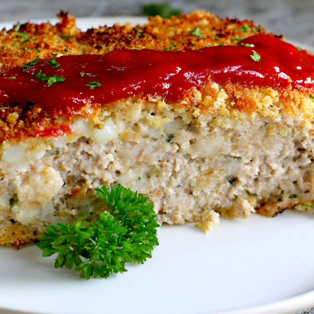 Golden brown Parmesan crusted turkey meatloaf sliced on a wooden cutting board with fresh parsley garnish