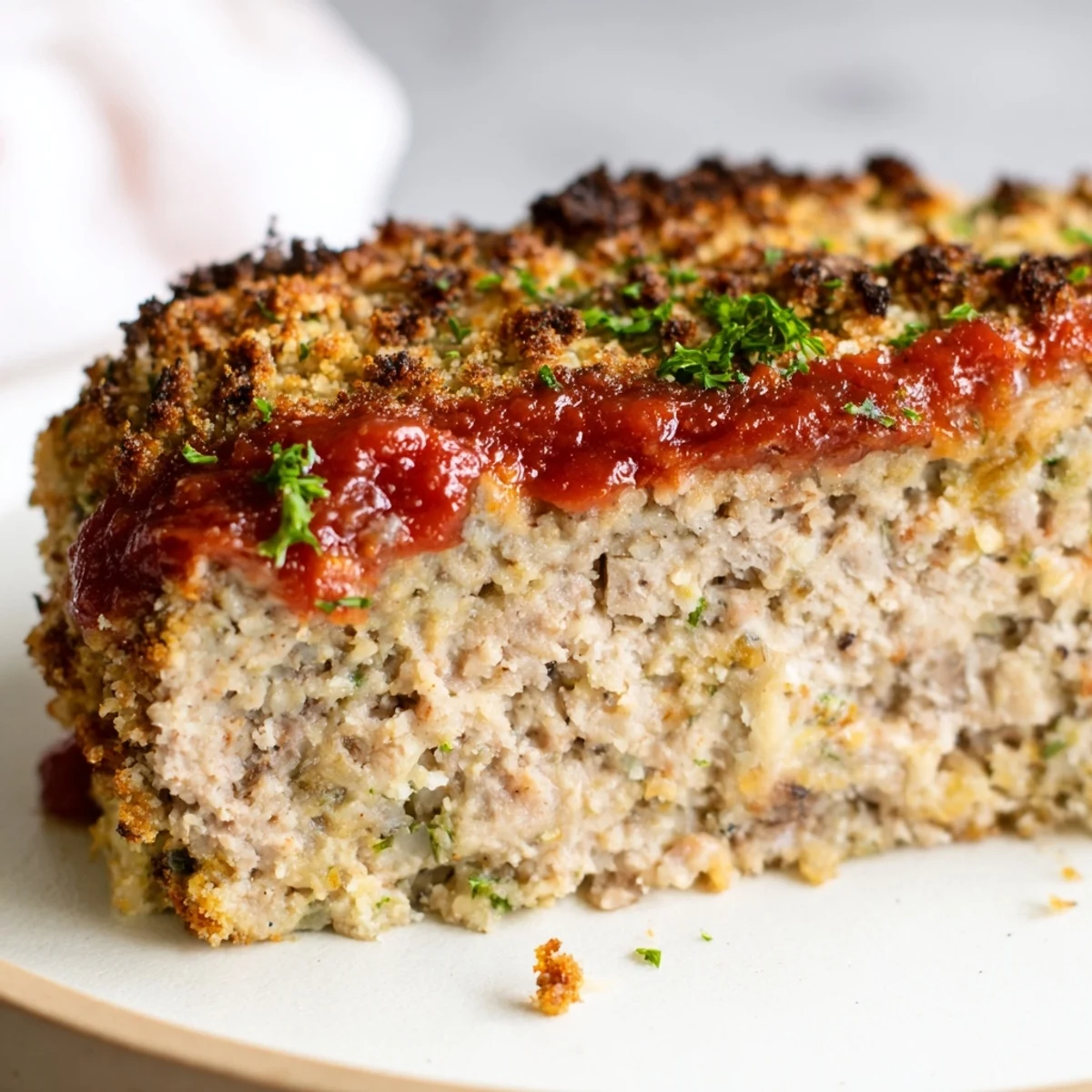 Juicy Parmesan crusted turkey meatloaf recipe with golden breadcrumb crust resting before being served warm