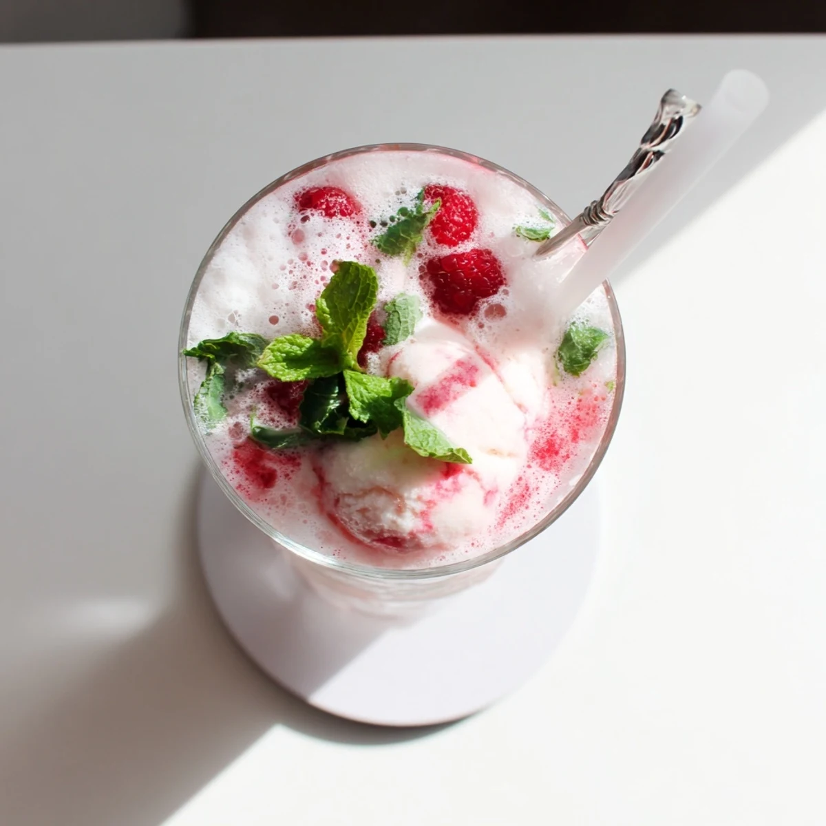 Summer drink showing Raspberry Mint Mojito Rebel Float with mint sprig, lime wedge, and creamy vanilla scoop