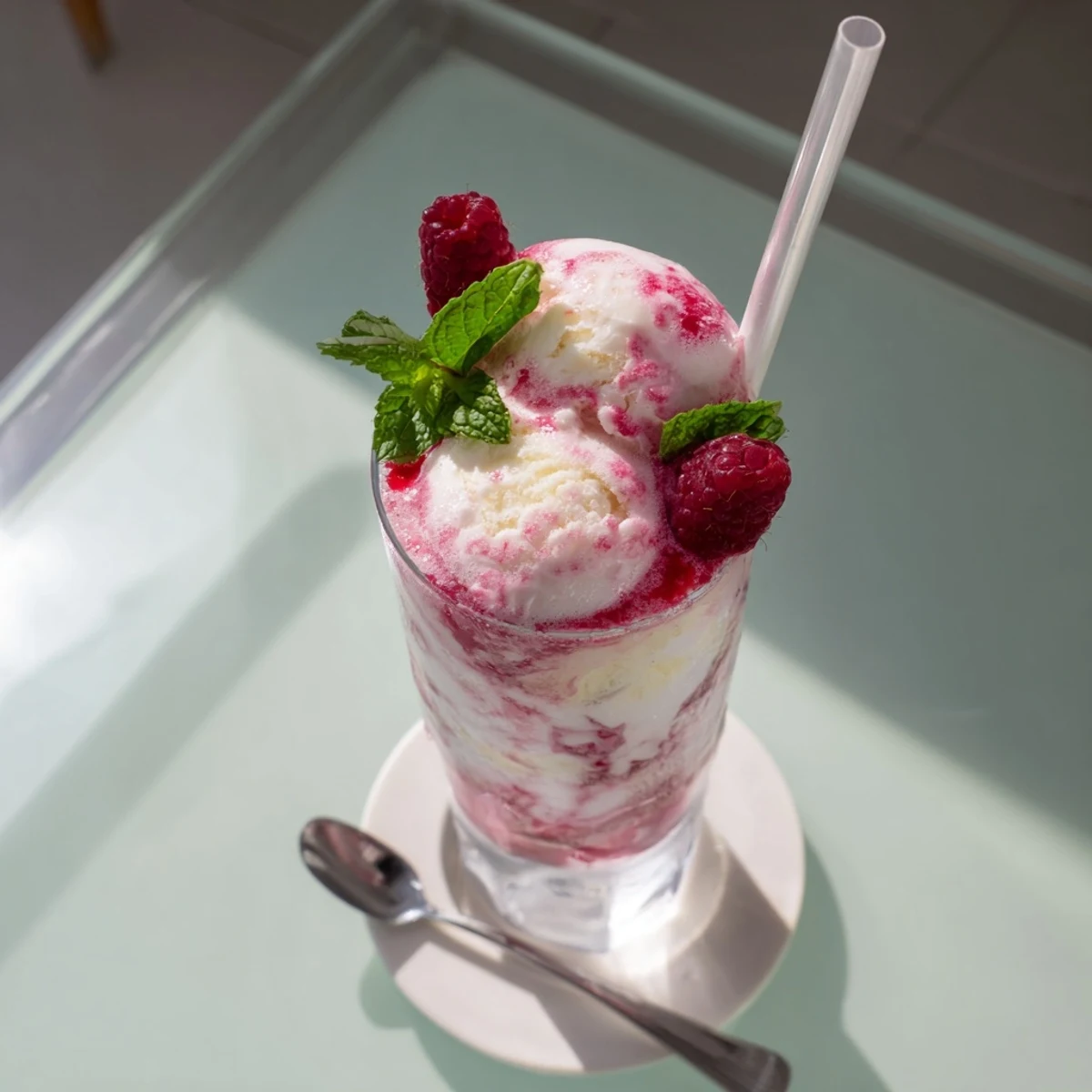 Tall glass of Raspberry Mint Mojito Rebel Float topped with melting vanilla ice cream and fresh raspberries