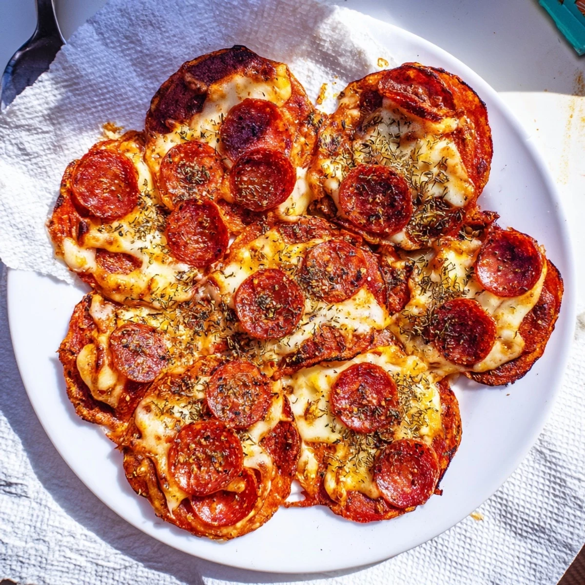Golden crispy pepperoni cheese chips topped with melted cheddar and mozzarella on a white serving plate