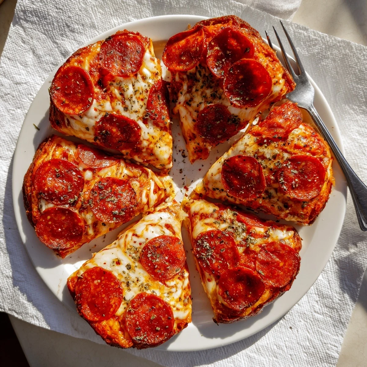 Baked pepperoni slices layered with bubbling cheese and Italian herbs on a parchment-lined baking sheet