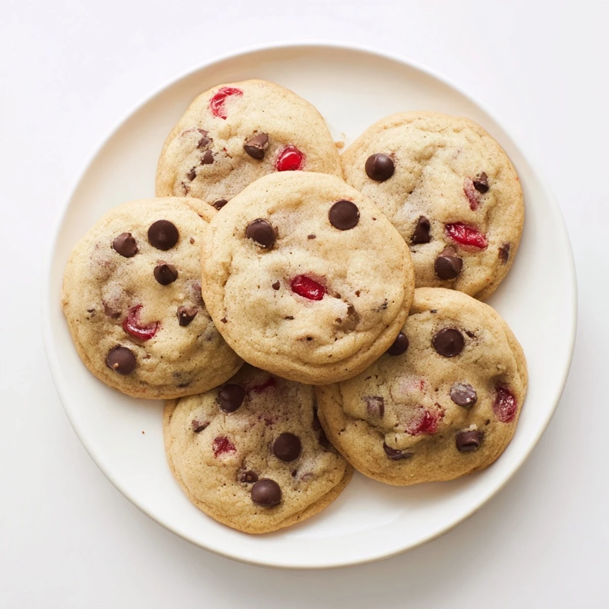Soft chewy maraschino cherry chocolate chip cookies studded with bright red cherries and melted chocolate chips