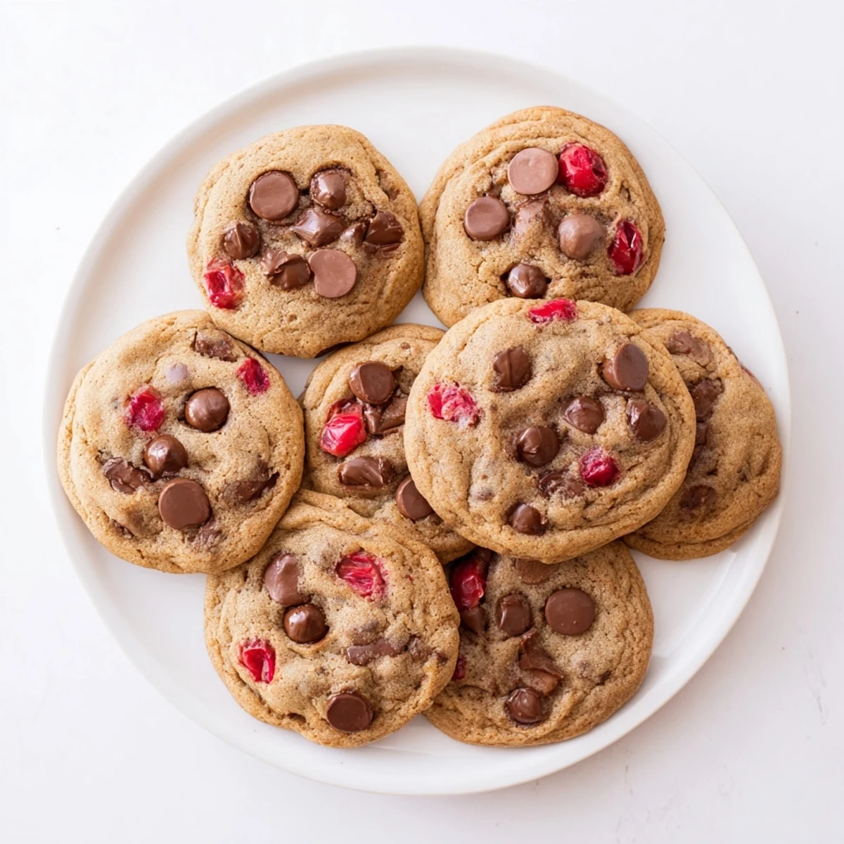Freshly baked maraschino cherry chocolate chip cookies cooling on a wire rack with golden edges