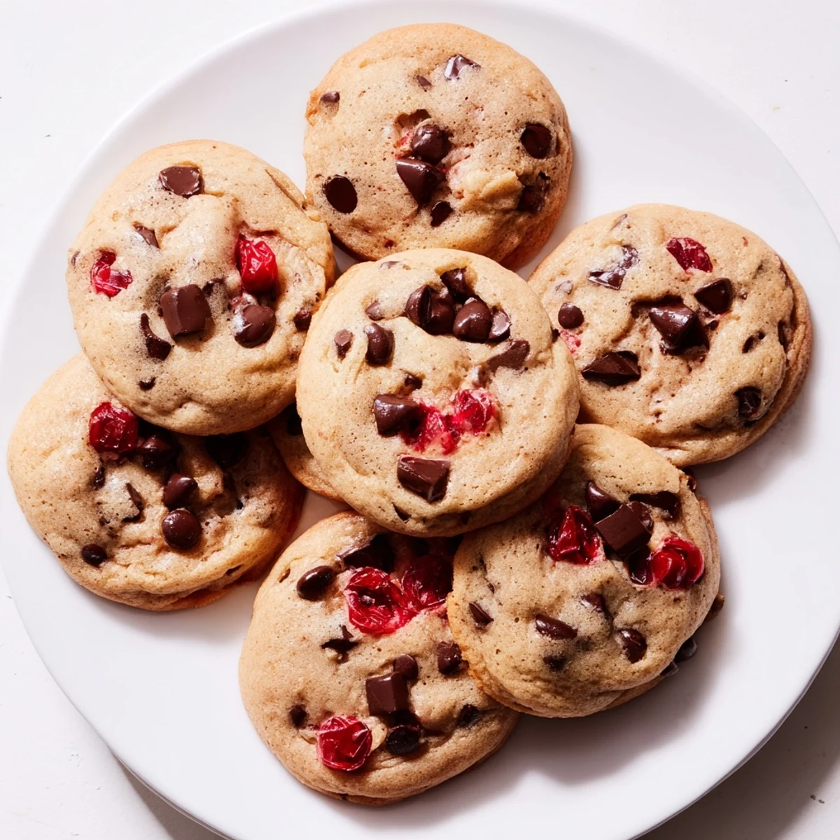 Stack of homemade maraschino cherry chocolate chip cookies on a white plate ready for serving